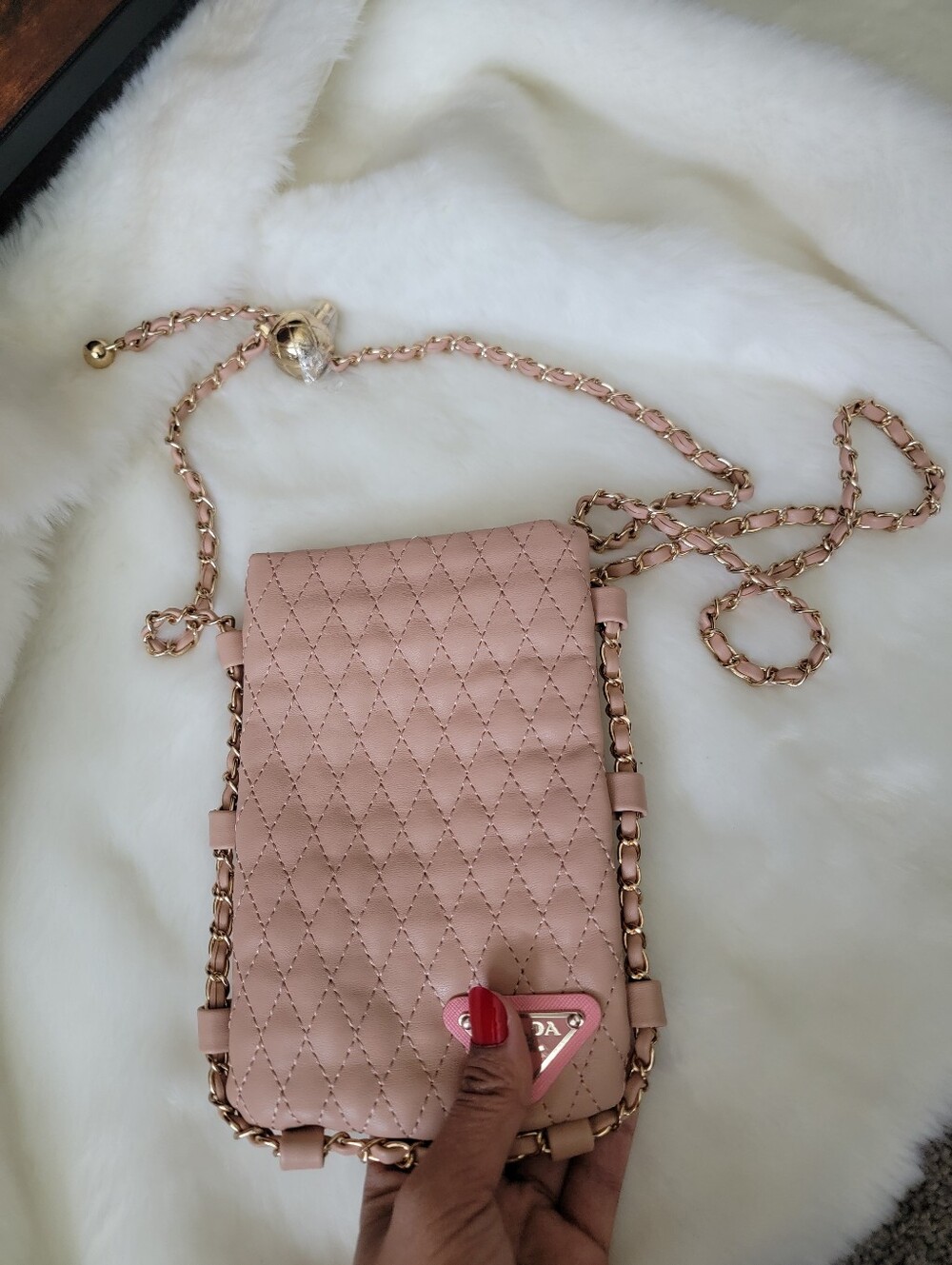 Stylish Blush Pink Quilted Vegan Leather Chain Crossbody Bag